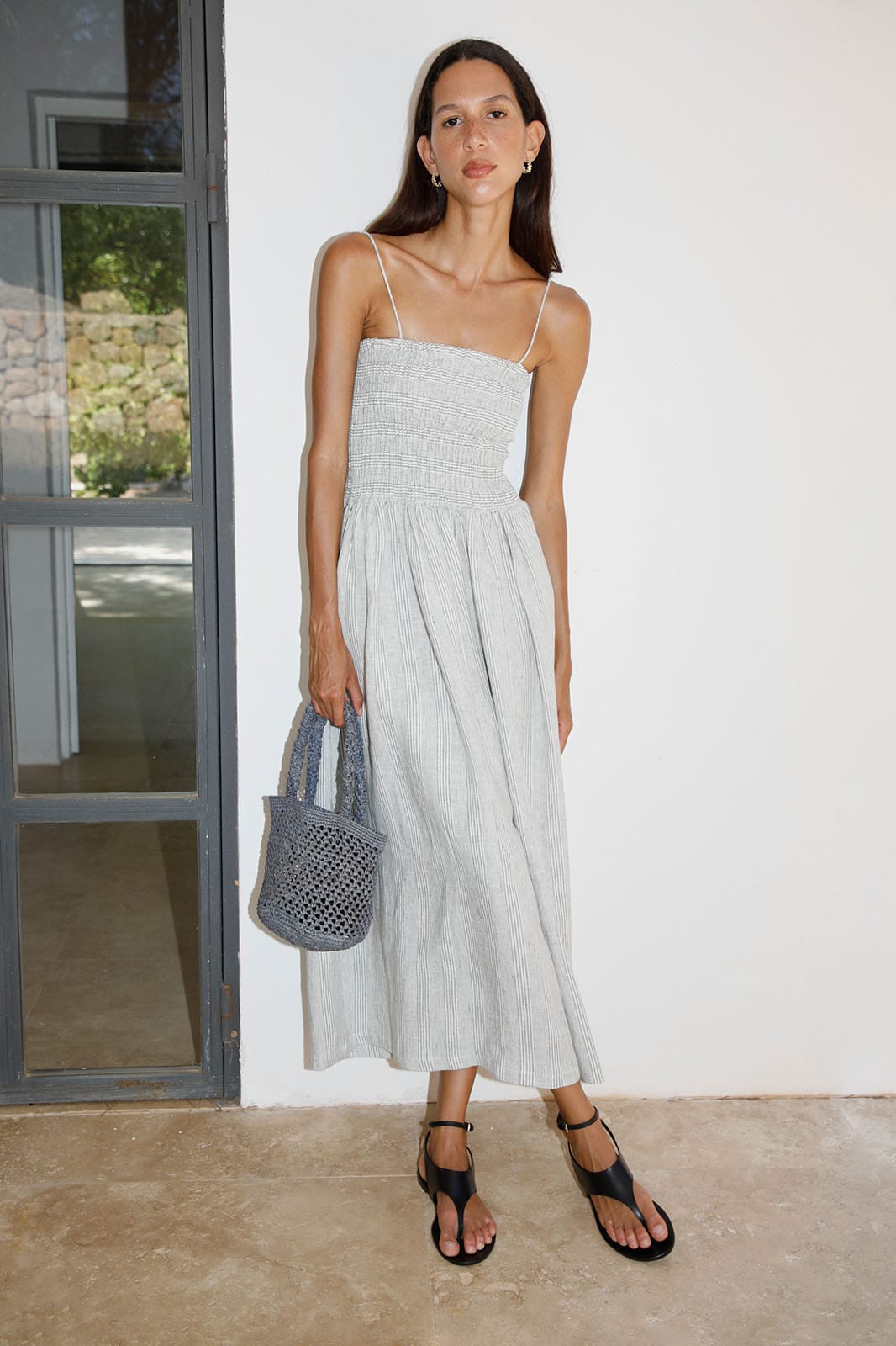 arkitaip Maxi Dresses The Harlow Smocked Maxi Dress in striped olive green