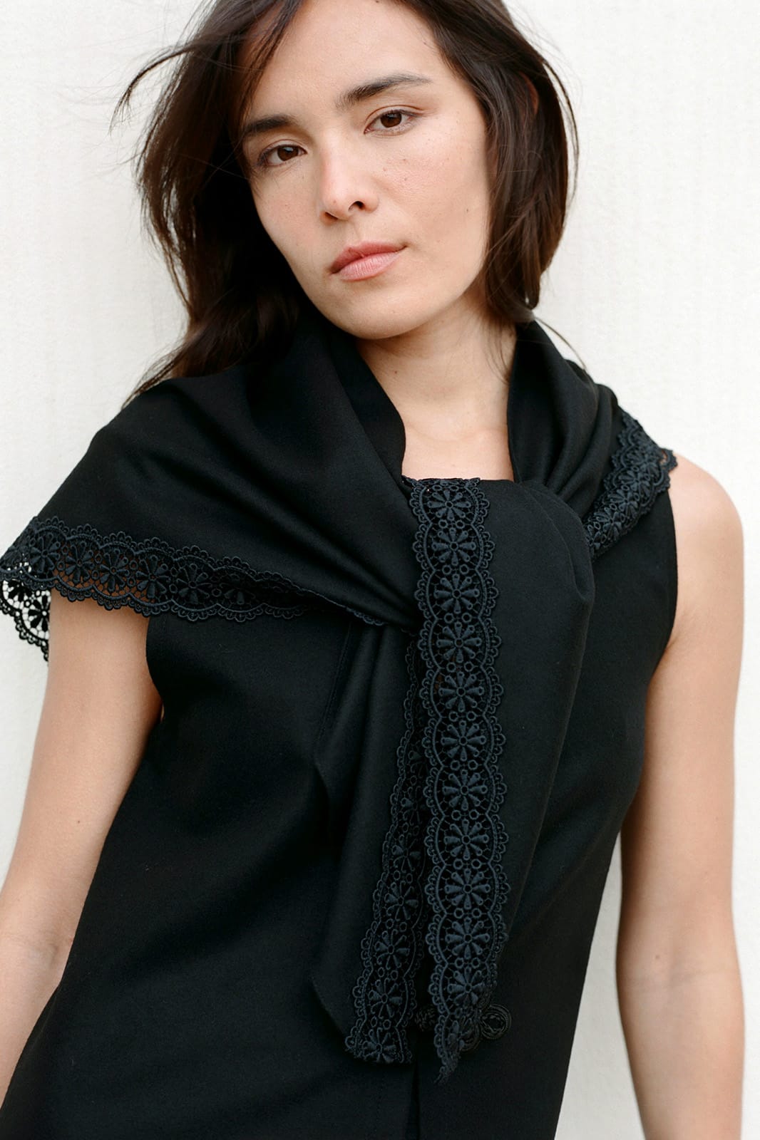 arkitaip Accessories One Size Felted Wool Triangle Scarf with lace in black