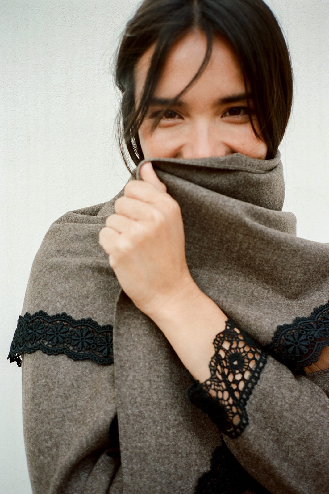 arkitaip Accessories One Size Felted Wool Triangle Scarf with lace in mocha