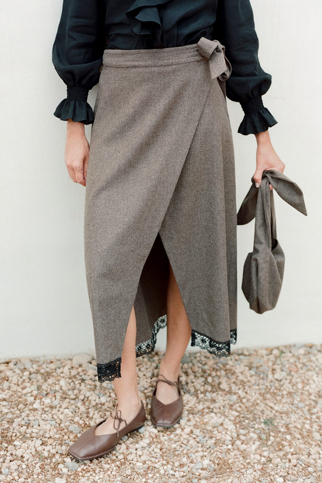 arkitaip Skirts The Zoe Wool Wrap Skirt with lace trim in mocha