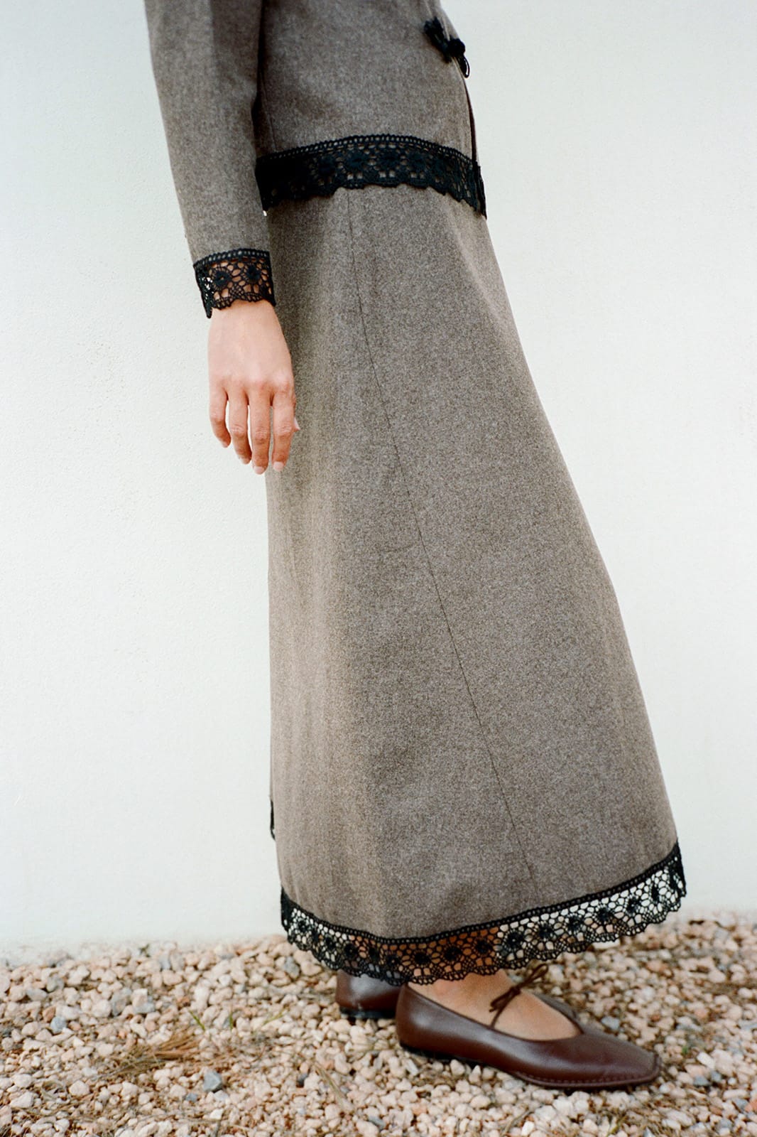 arkitaip Skirts The Zoe Wool Wrap Skirt with lace trim in mocha