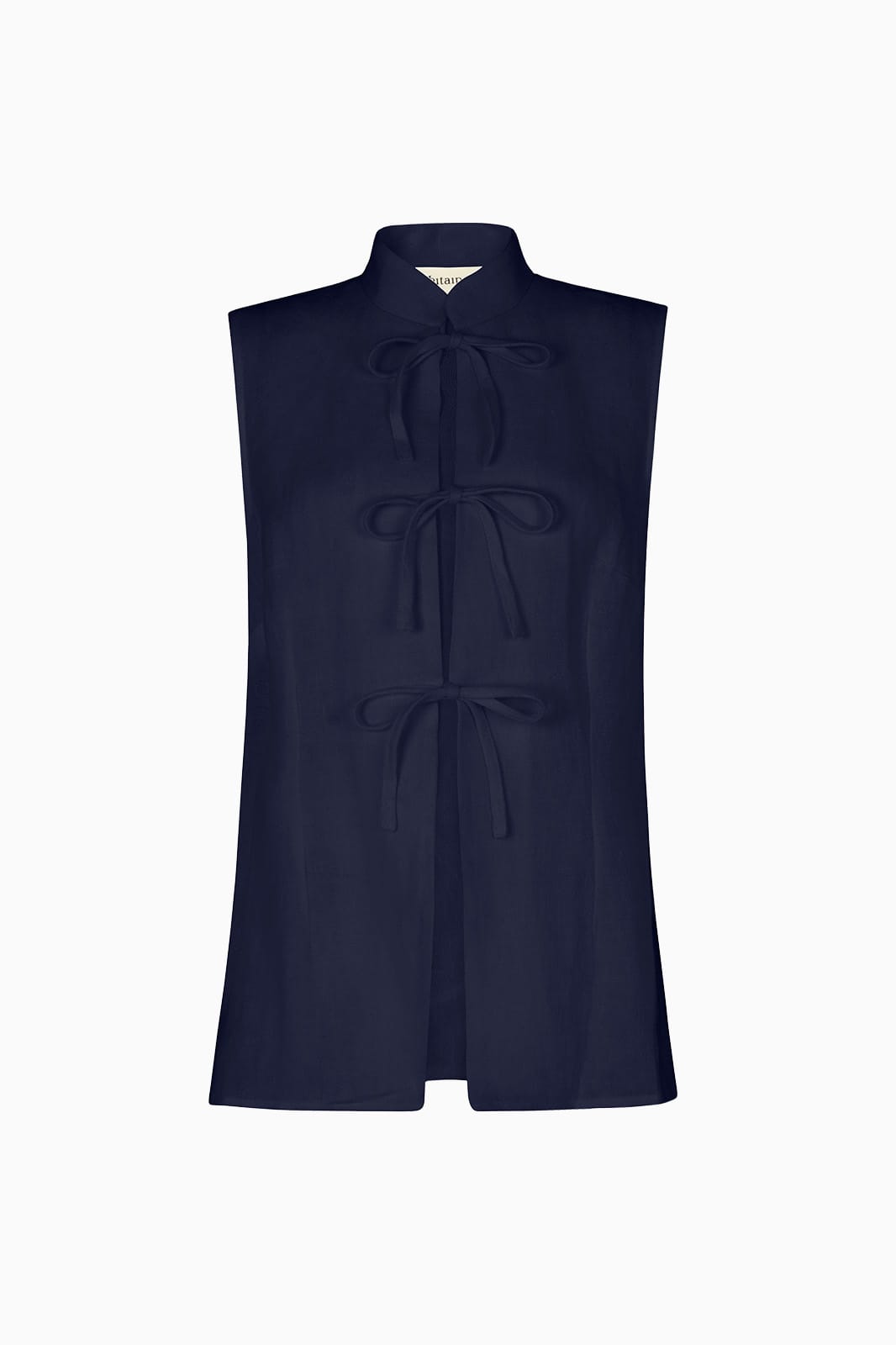 arkitaip Tops The Alma Stand-Up Collar Tie Vest in navy blue