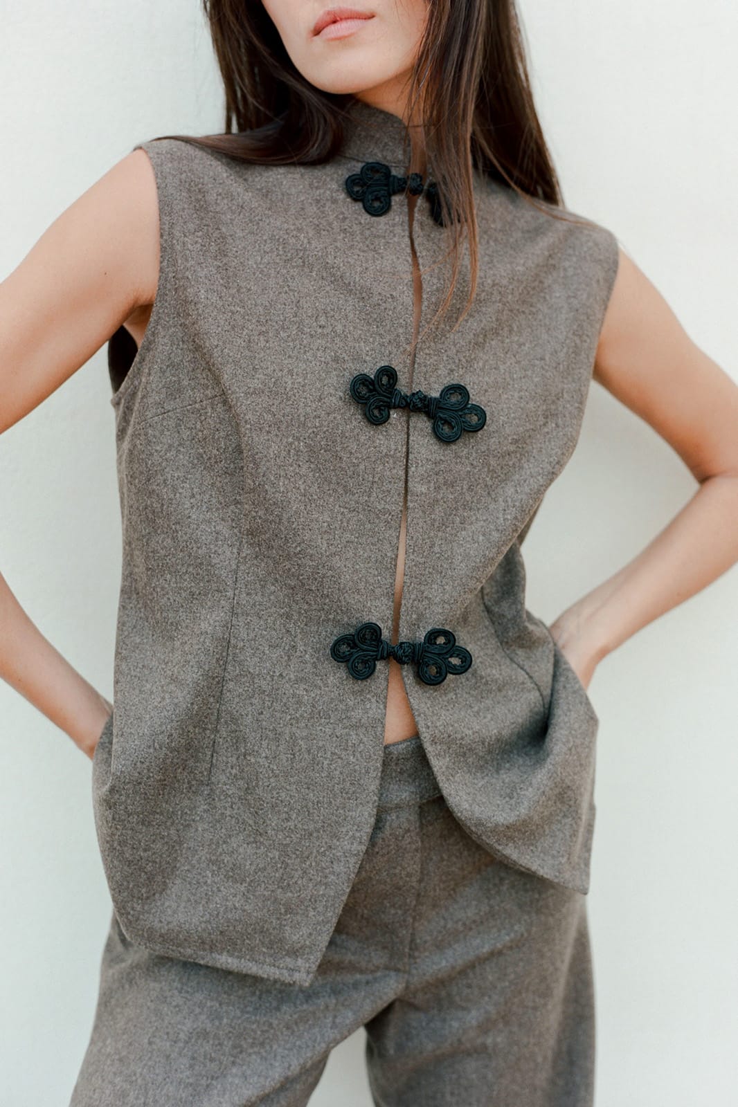 arkitaip Tops The Aria Stand-Up Collar Wool Vest in mocha